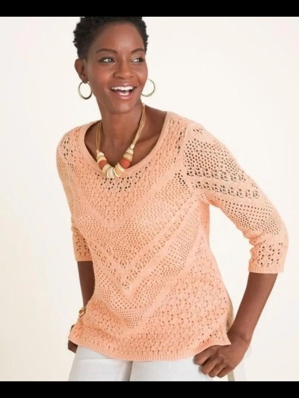 Chico's Peach Open-Knit Scoop-Neck Sweater